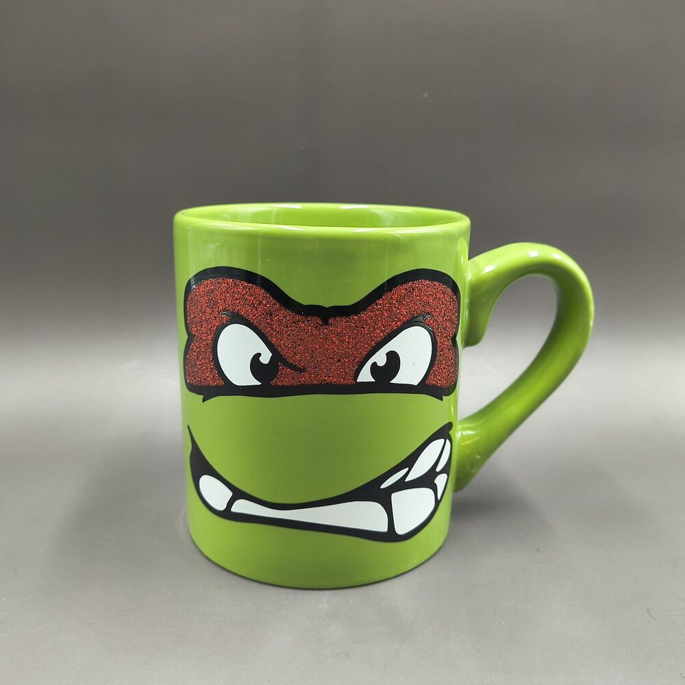 TMNT Raphael Glitter Mask Coffee Mug 14oz Green Ceramic Face Cup Viacom 2011